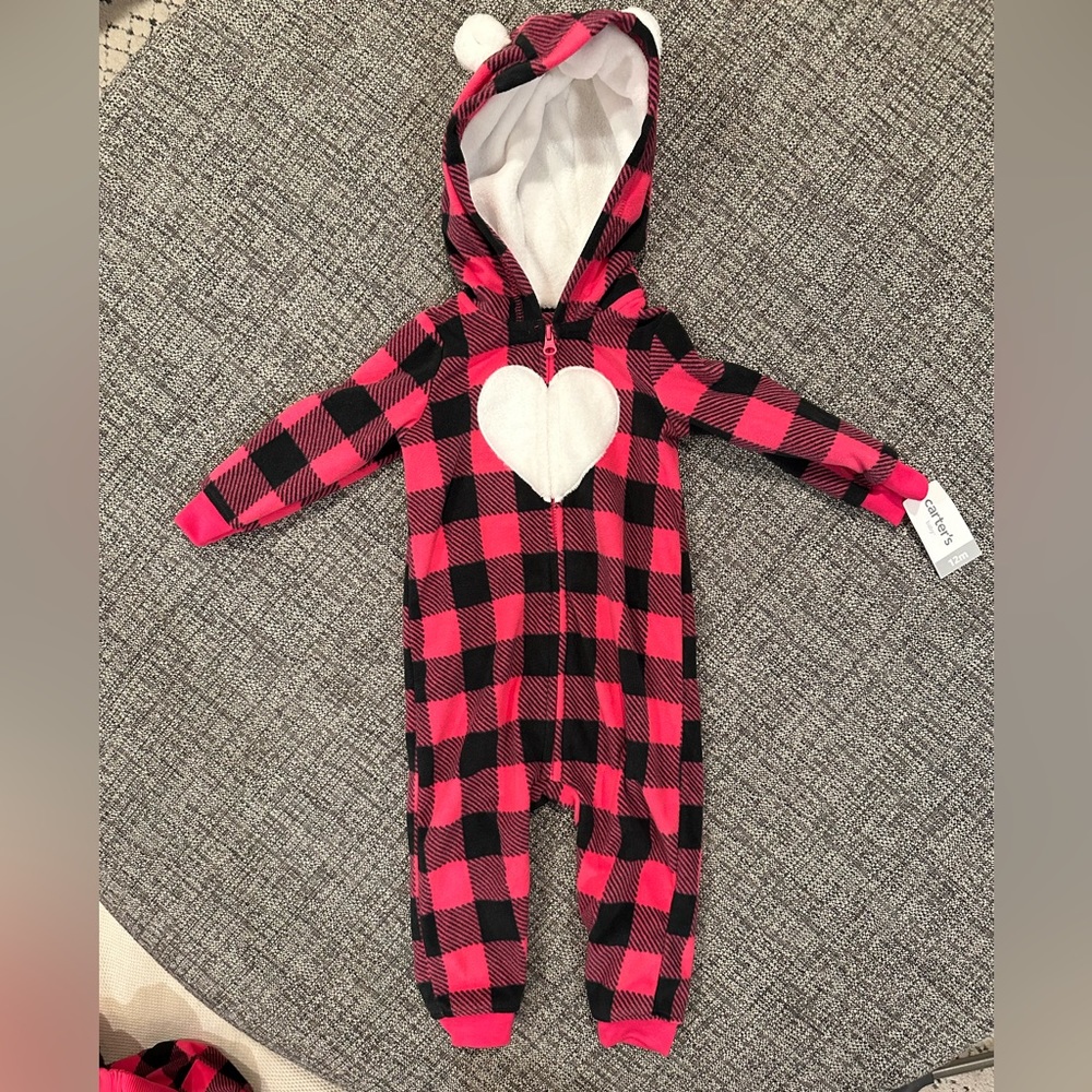 Baby girl Carters plaid heart fleece bunting - size 12mo